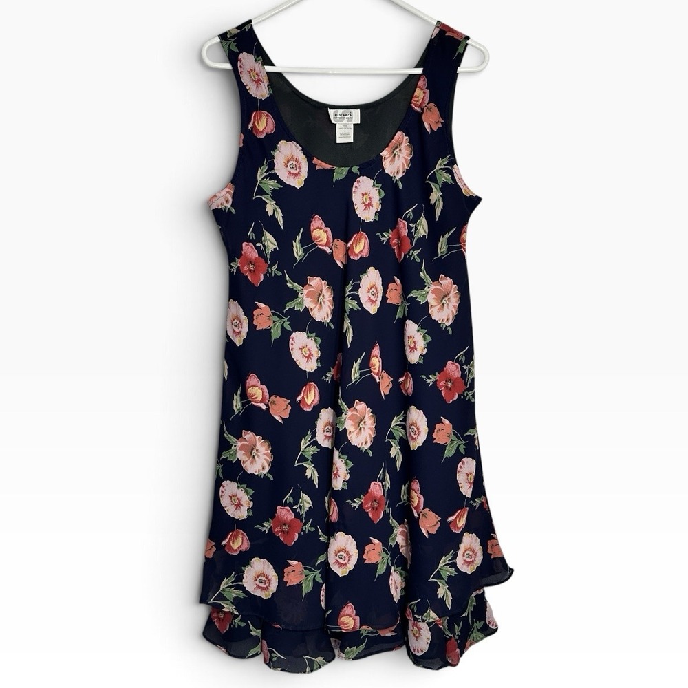 Sostanza Womens L Navy Floral Fit Flare Dress Sleeveless Layered Made in USA